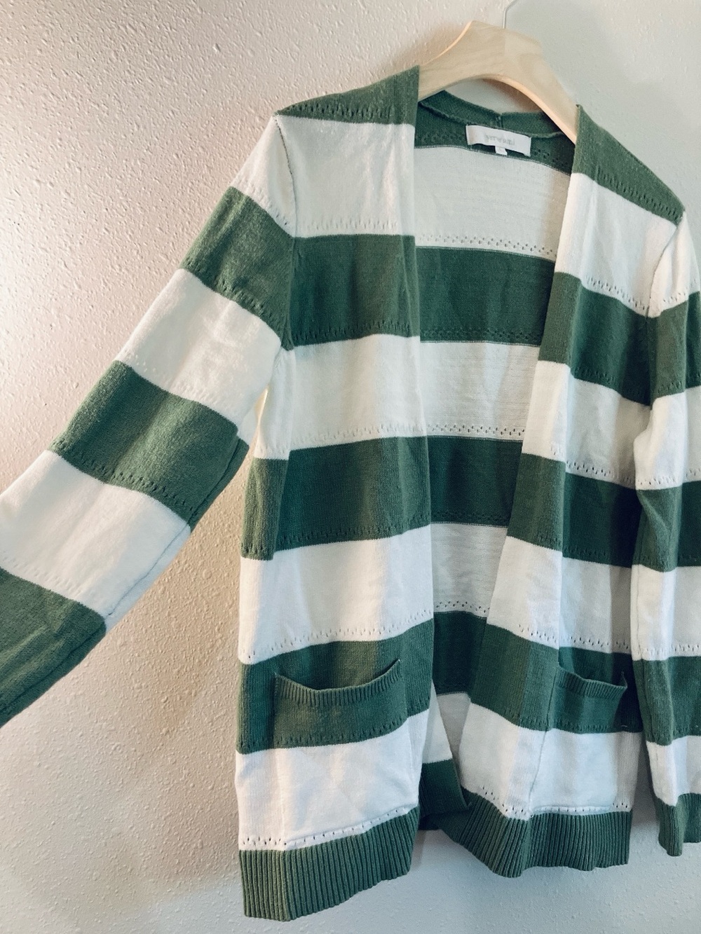 Verve-Ami Green White Striped Colorblock Open Front Cardigan Sweater Duster - Picture 3 of 8